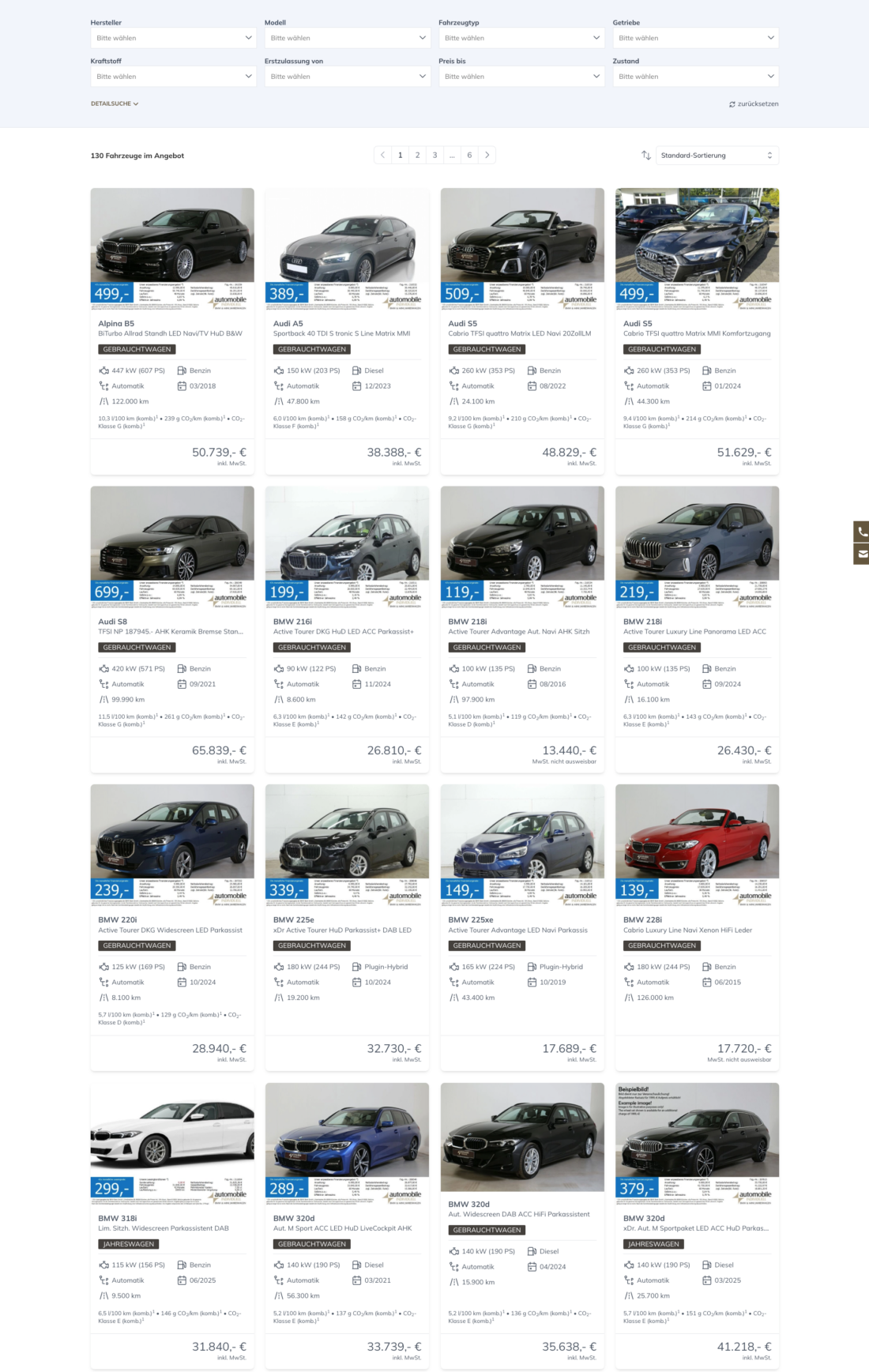Website mit Fahrzeugangeboten, zeigt Bilder und Details zu mehreren Autos, einschließlich Preise und Spezifikationen